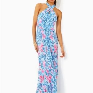 Lilly Pulitzer Blue and Pink Halter Maxi Dress